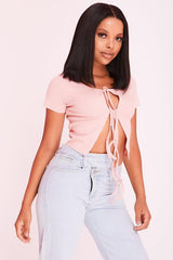 Pink Open Lace Up Cropped Cardigan