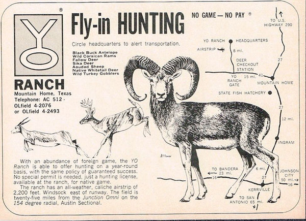 An old advert for "fly-in hunters" from the Y.O. Ranch.