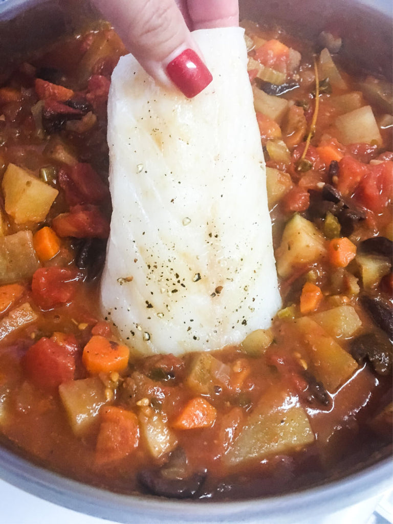 Baccalà Inspired Pacific Cod Stew is an adaptation of the classic Italian salted cod dish using our flash frozen pacific cod, tomatoes, olives and served as a stew.