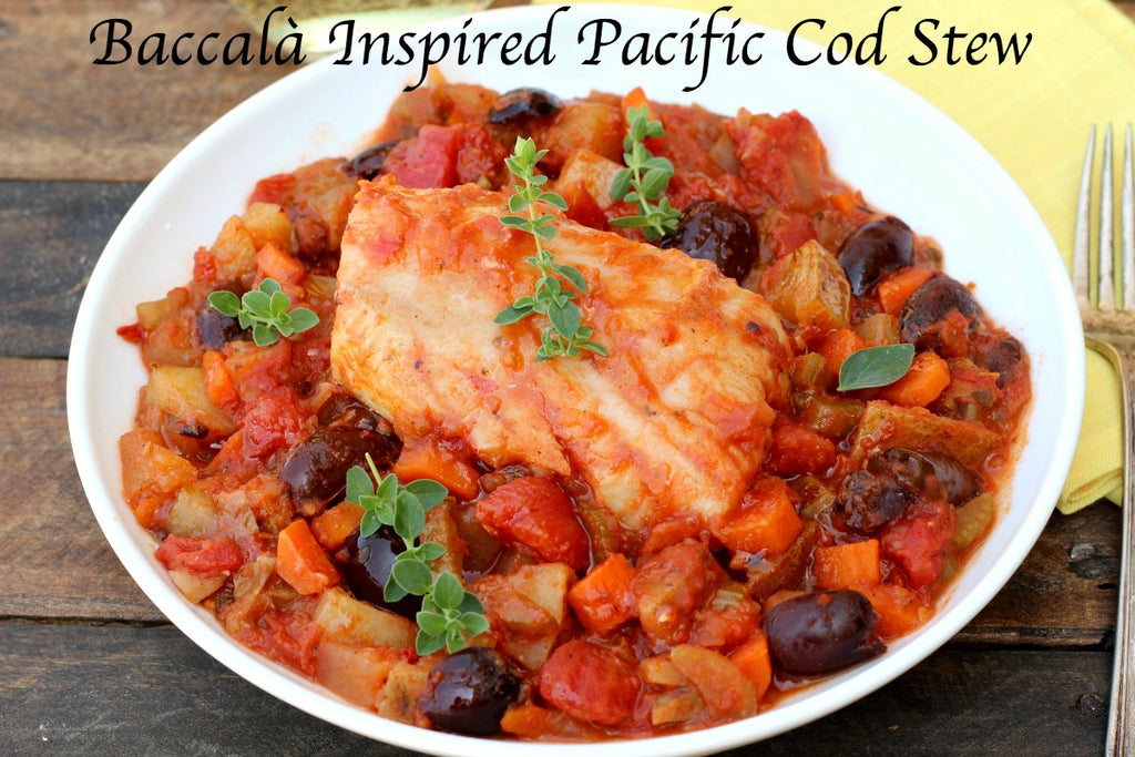 Baccalà Inspired Pacific Cod Stew is an adaptation of the classic Italian salted cod dish using our flash frozen pacific cod, tomatoes, olives and served as a stew.