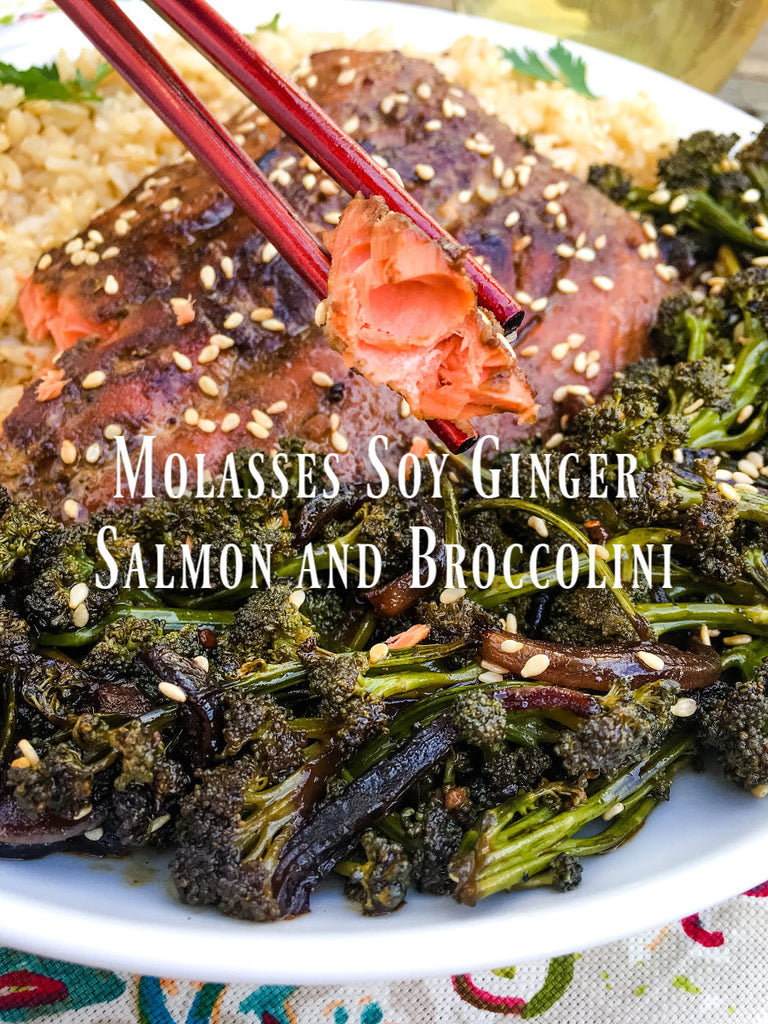 Molasses Soy Ginger Salmon and Broccolini is a one pan meal that can be on the table in less than 30 minutes.
