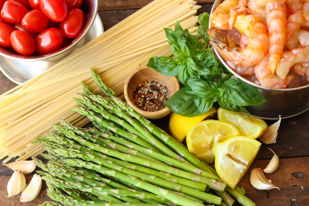 Roasted Spot Prawn Linguine with Asparagus and Tomatoes ~ Garlic butter  Alaskan Spot Prawns, Asparagus, and Tomatoes, roasted and tossed with linguine.