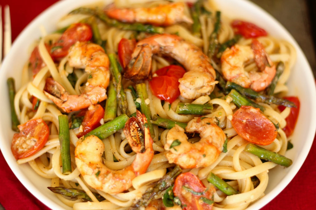 Roasted Spot Prawn Linguine with Asparagus and Tomatoes ~ Garlic butter  Alaskan Spot Prawns, Asparagus, and Tomatoes, roasted and tossed with linguine.