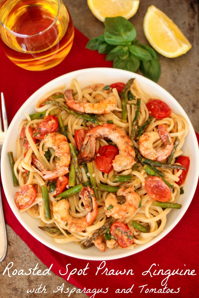 Roasted Spot Prawn Linguine with Asparagus and Tomatoes ~ Garlic butter  Alaskan Spot Prawns, Asparagus, and Tomatoes, roasted and tossed with linguine.