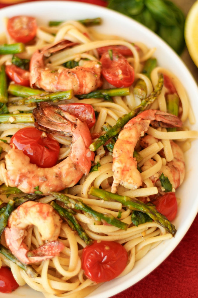 Roasted Spot Prawn Linguine with Asparagus and Tomatoes ~ Garlic butter  Alaskan Spot Prawns, Asparagus, and Tomatoes, roasted and tossed with linguine.