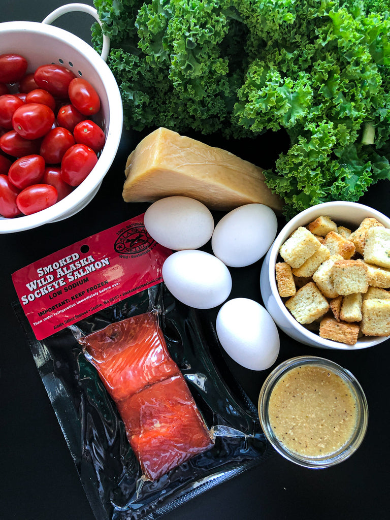 Ingredients to make Smoked Salmon Kale Caesar Salad