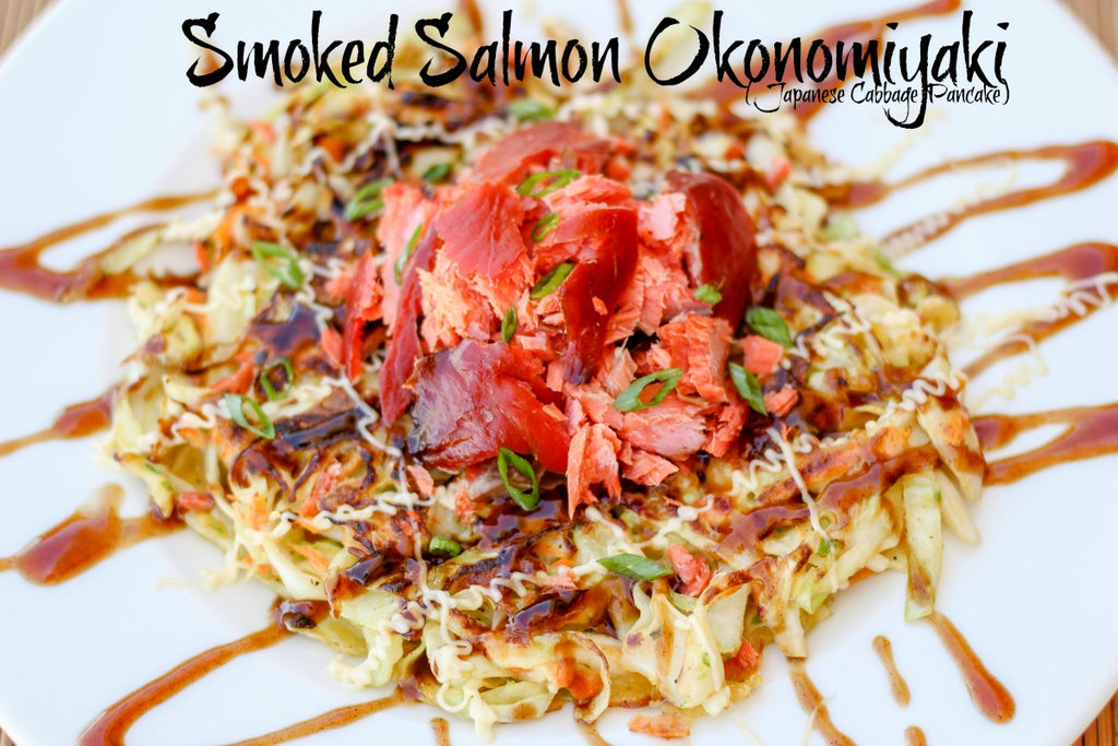 Smoked Salmon Okonomiyaki is a Japanese cabbage pancake with smoked salmon, drizzled with Japanese mayonnaise and okonomi or 'brown' sauce.