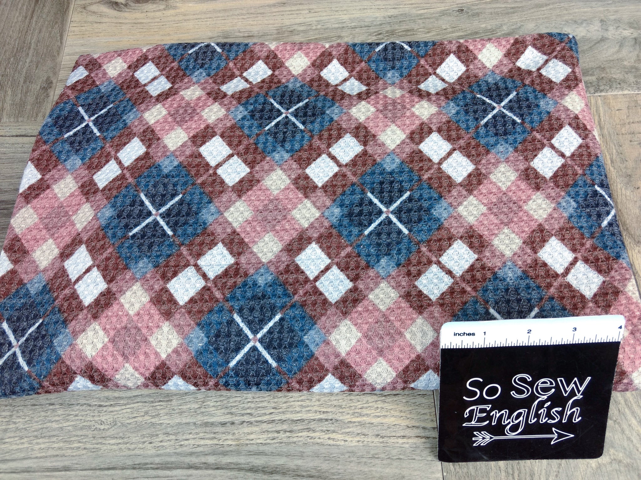 Navy/Mauve ARGYLE -Waffle Knit - By the yard