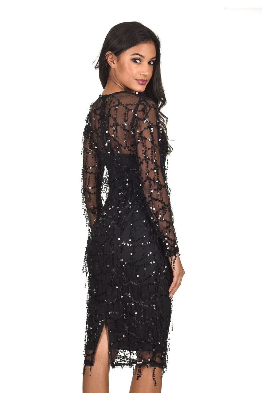 black sequin gown with sleeves