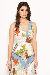 Cream Tropical Print V Neck Dress