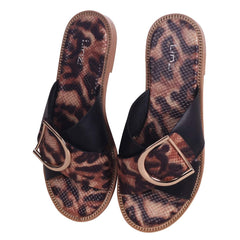 VEGAS - Leopard Slip On Slider With Crossover Front Strap & Giant Buckle Detail