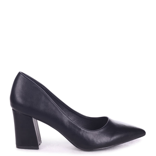 black leather block heel court shoes