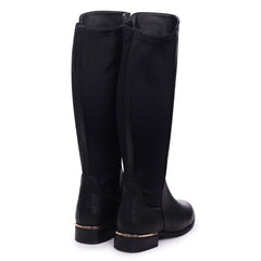 ASHLEE - Black Nappa Half Lycra Stretch Boot with Metal Heel Trim