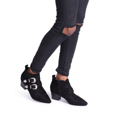 LIV - Black Suede Pointed Heeled Boot With Double Buckle Detail