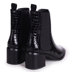 KAY - Black Croc Patent Pull On Chelsea Boot With Stacked Block Heel