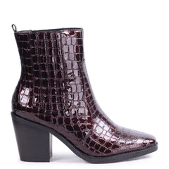 EVITA - Burgundy Patent Croc Square Toe Cowboy Boot