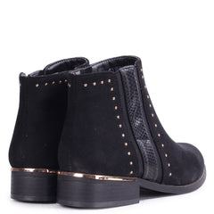 EMBER - Black Suede Ankle Boot with Snake & Stud Detailing