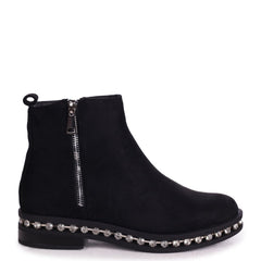 WINONA - Black Suede Chelsea Boot With False Zip & Diamante Trim Around Sole