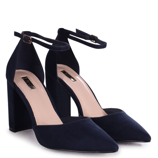Navy Suede Court Shoe With Ankle Strap 