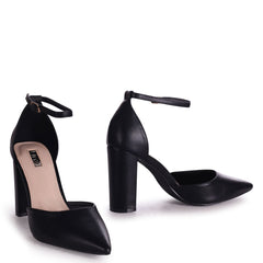 MARLIE - Black Nappa Court Shoe With Ankle Strap & Block Heel