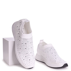 LARA - White Sock Trainer With All Over Diamante Detail & White Rubber Sole