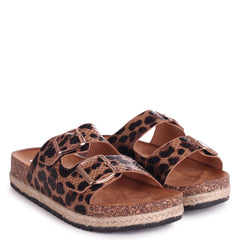 DONTTHINK - Leopard Nubuck Slip On Slider With Rope Trim & Double Buckle Front Strap