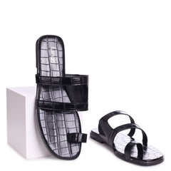 PRISCILLA - Black Croc Slip On Slider With Double Front Strap & Toe Loop
