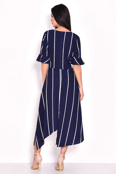 navy blue striped asymmetric dress