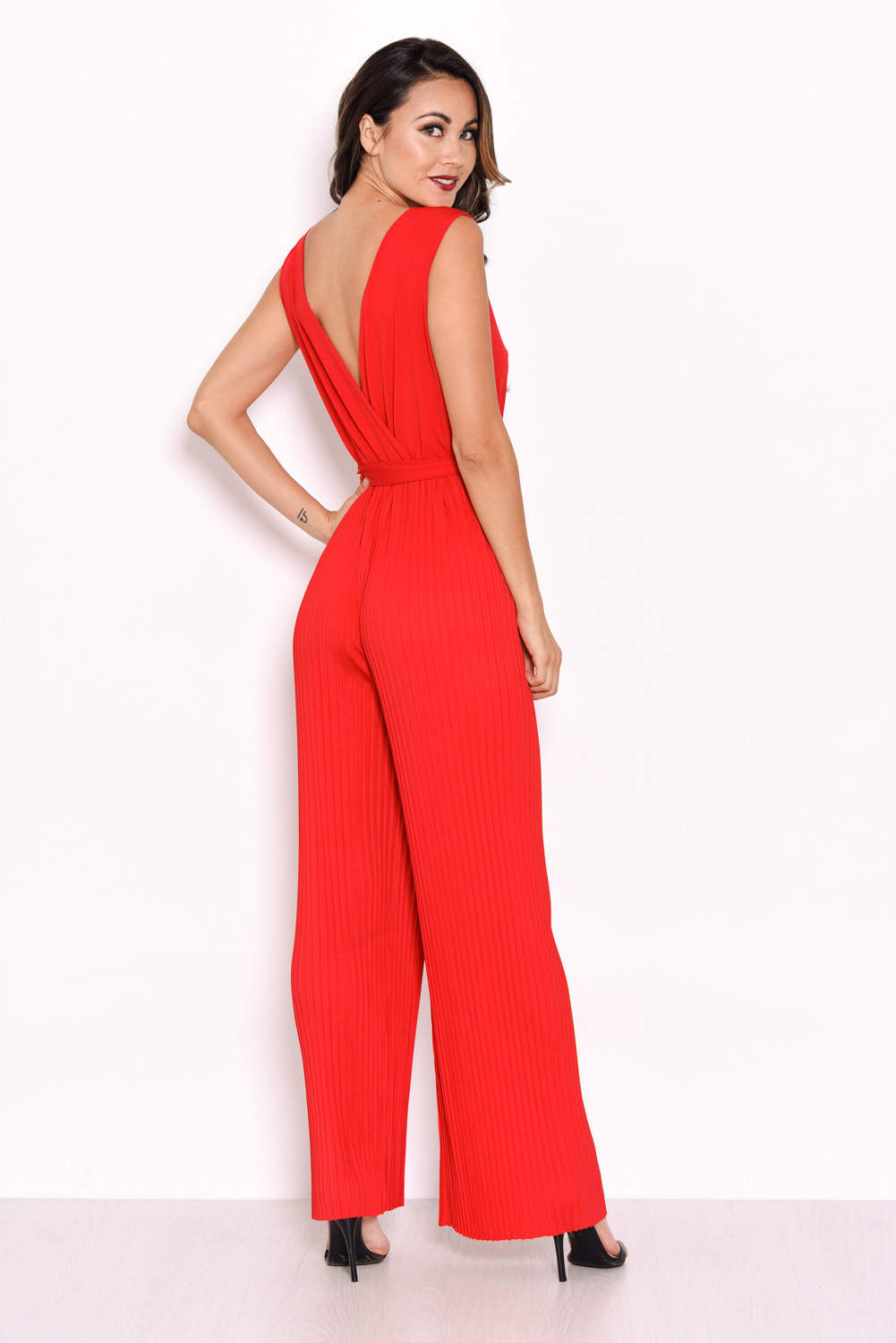 Red Pleated Tie Waist Jumpsuit Ax Paris 