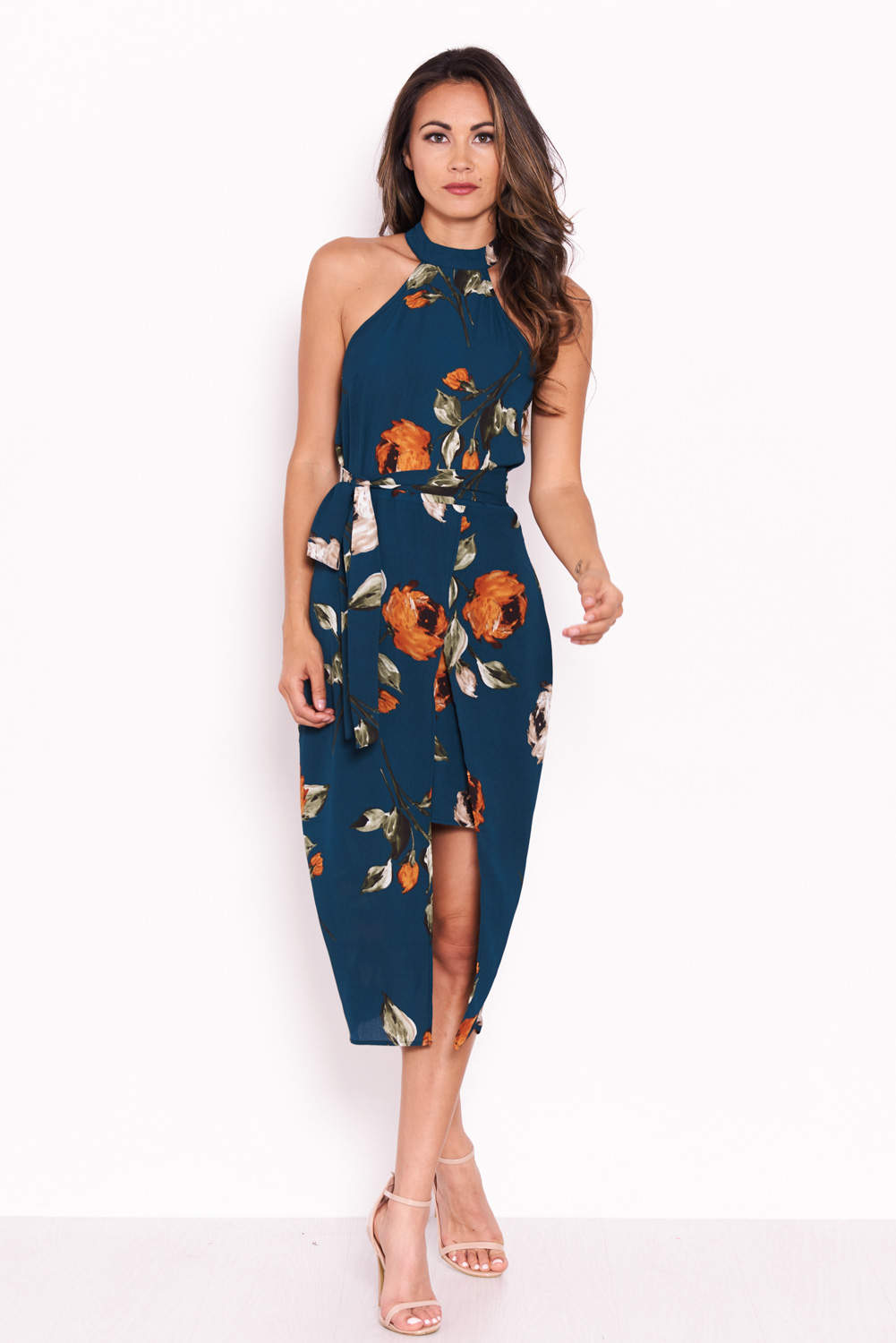 Teal Floral Midi Wrap Dress – Ax Paris