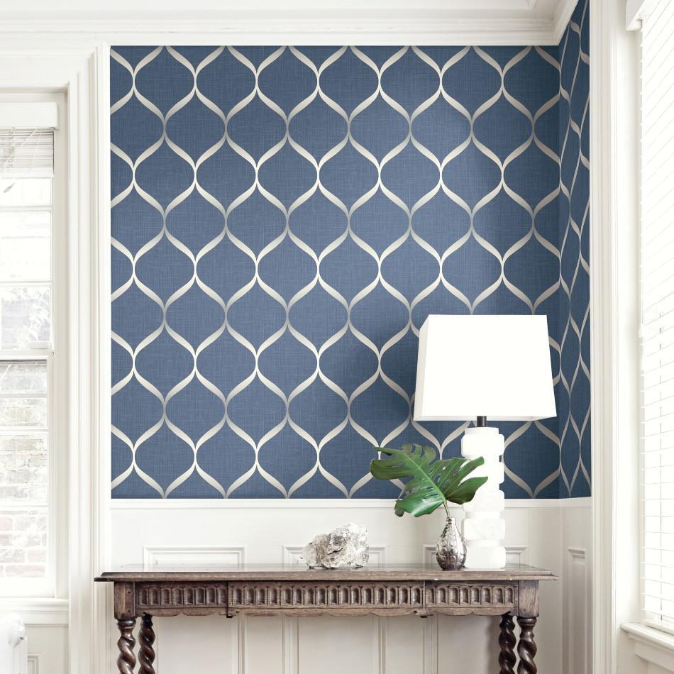 Pear Tree Blue and Grey Geometric Trellis Wallpaper UK21202