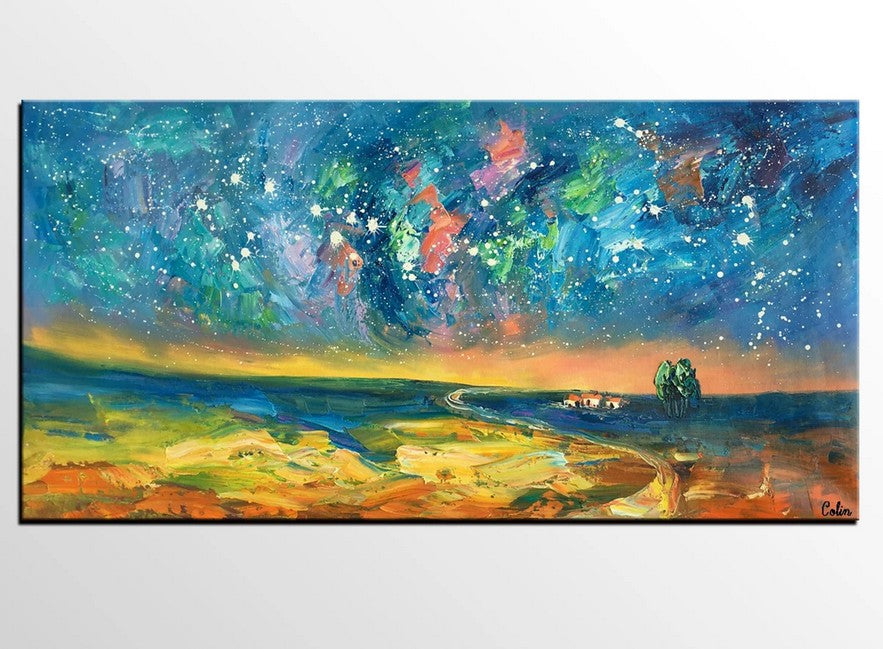 Starry Night Sky Oil Painting, Night Sky Paintings, Modern Landscape Paintings, Original Canvas Art, Extra Large Painting