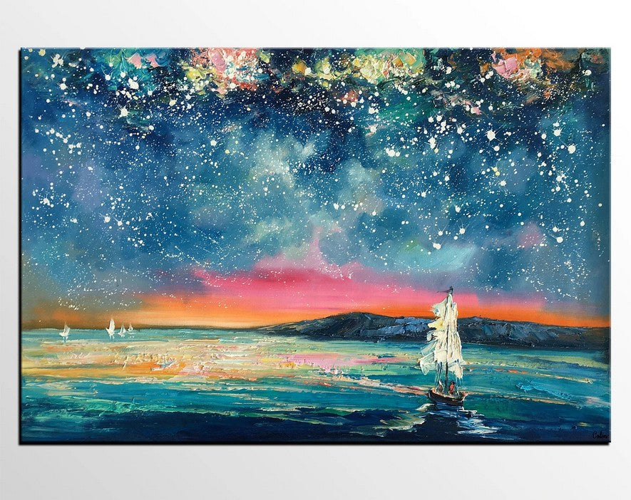 Sail Boat under Starry Night Sky Painting, Art on Canvas, Landscape Paintings, Original Oil Painting