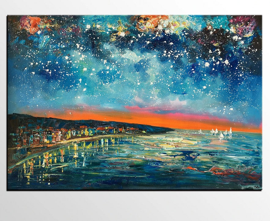 Night Sky Paintings, Sail Boat under Starry Night Sky, Oil Painting Landscape, Heavy Texture Paintings, Extra Large Canvas Painting