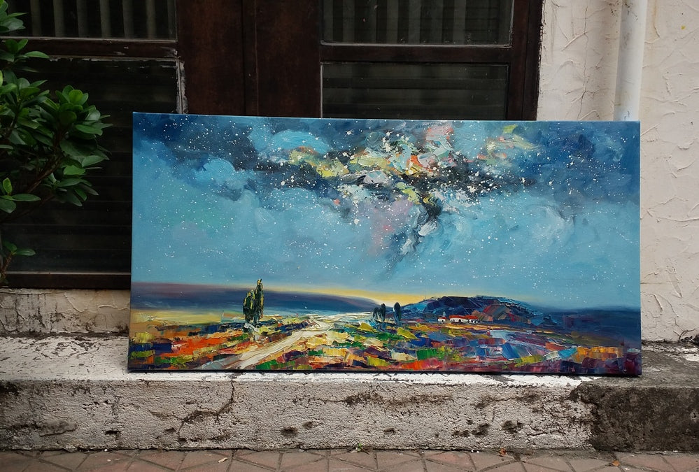 Starry Night Sky Painting, Heavy Texture Oil Painting, Landscape Art