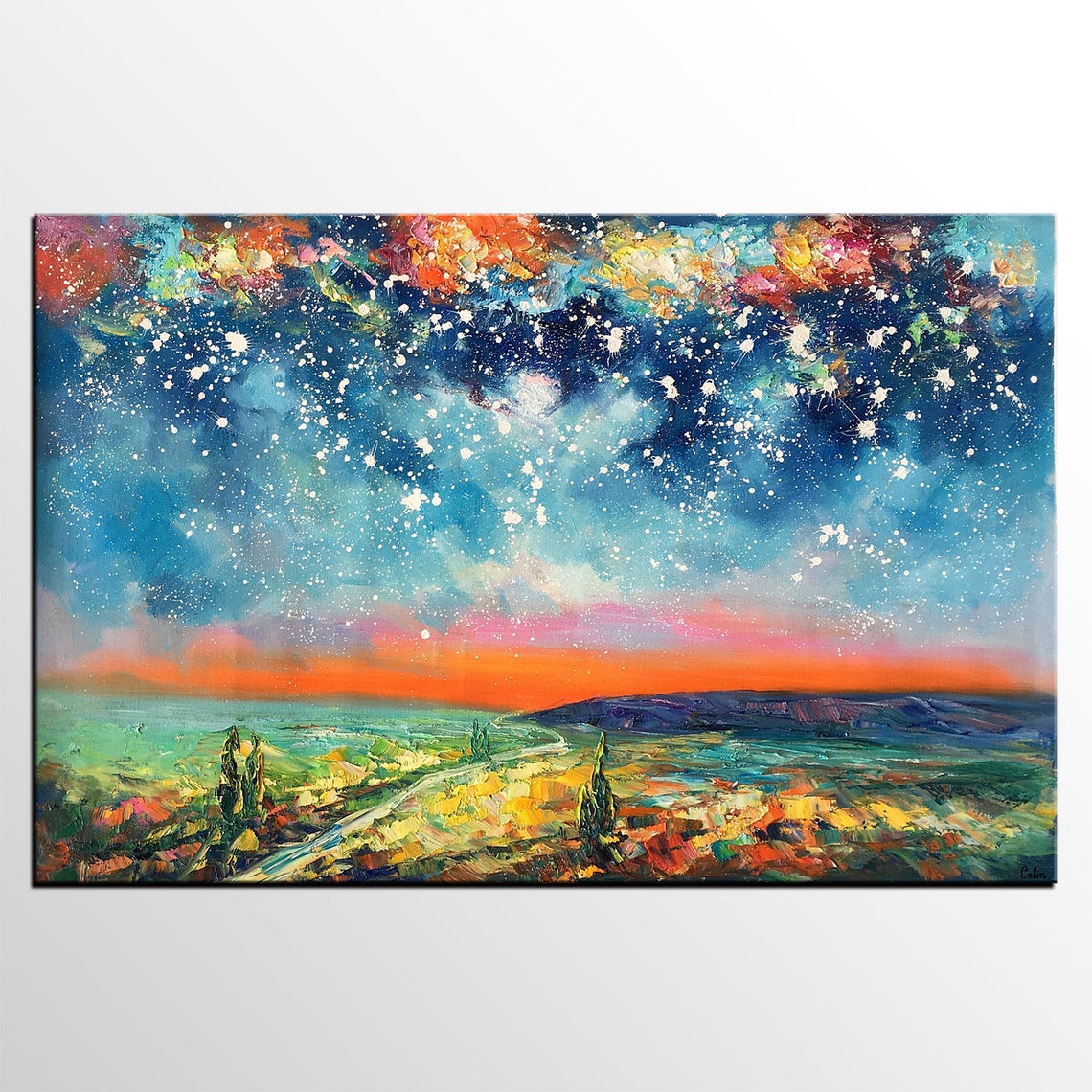 Night Sky Painting, Heavy Texture Painting, Hand Painted Art, Original Landscape Painting