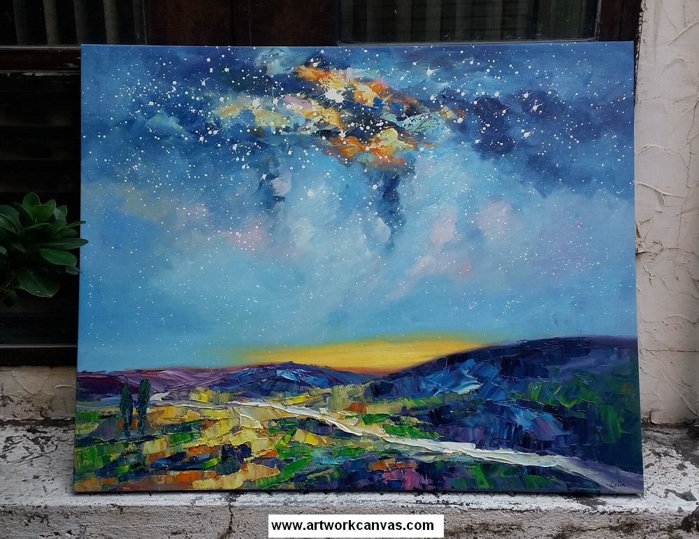 Starry night sky painting, abstract landscape art