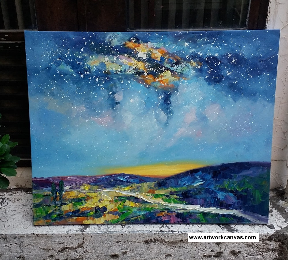starry night sky painting, bedroom canvas art