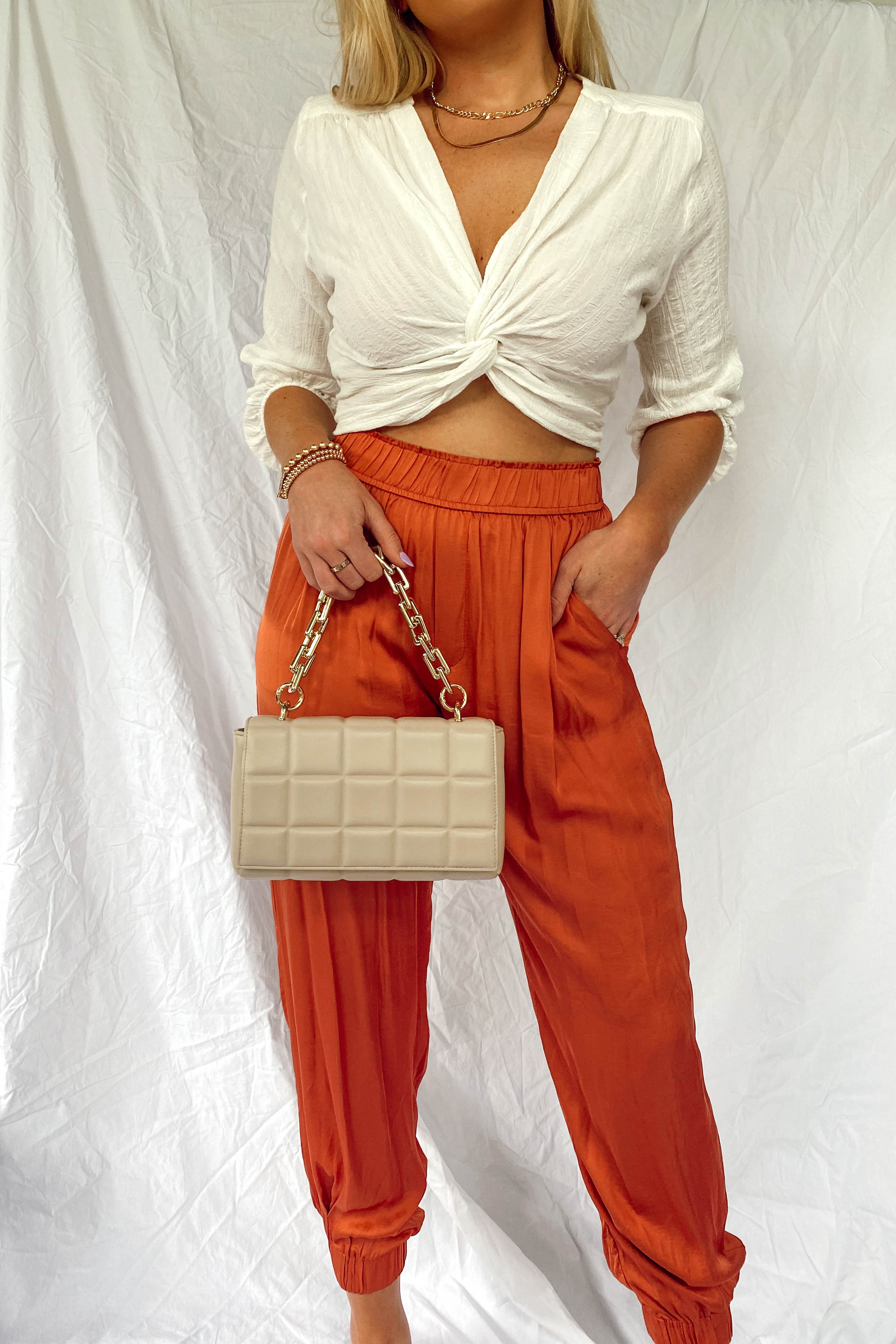 Chain Accent Quilted Bag - Nude