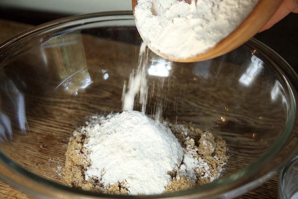 Flour mixture to be put onSweet potatoes for casserole baked in the Fontana brick oven 