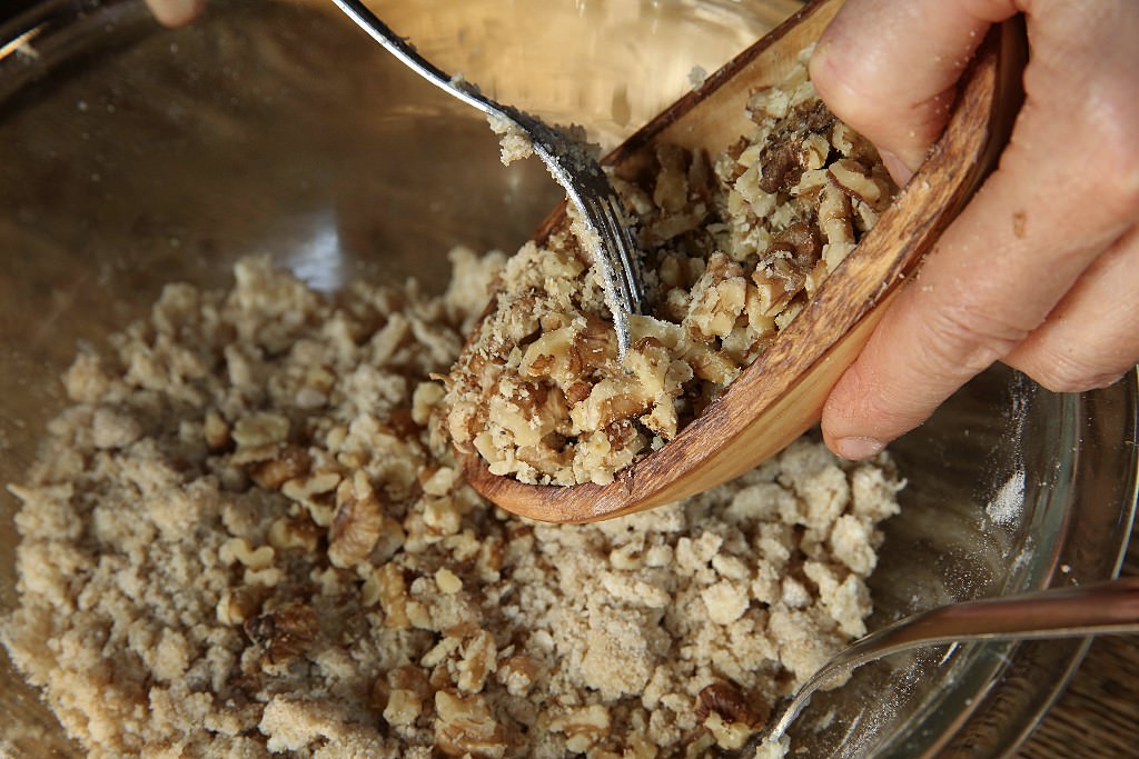 Walnuts to be put on Sweet potatoes for casserole baked in the Fontana wood-fired oven 