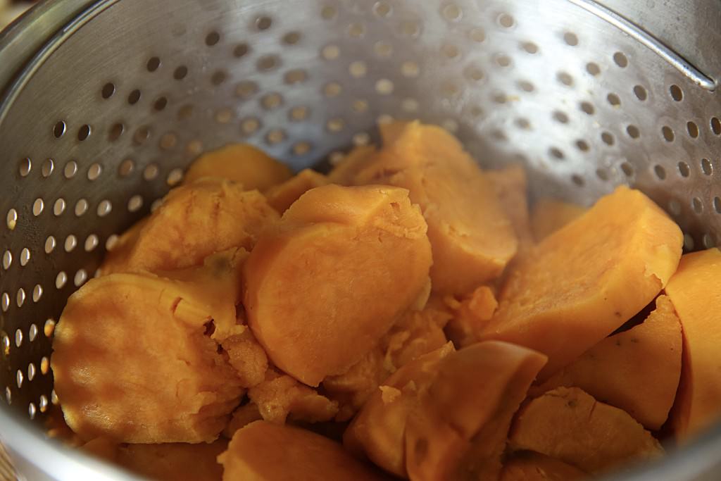 Boiled Sweet potatoes for casserole baked in the Fontana wood-burning oven 