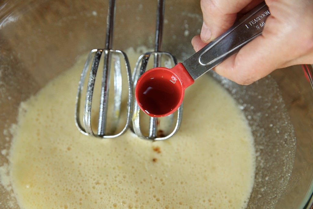 Vanilla added to corn pudding mixture to be baked in Fontana Pizza oven