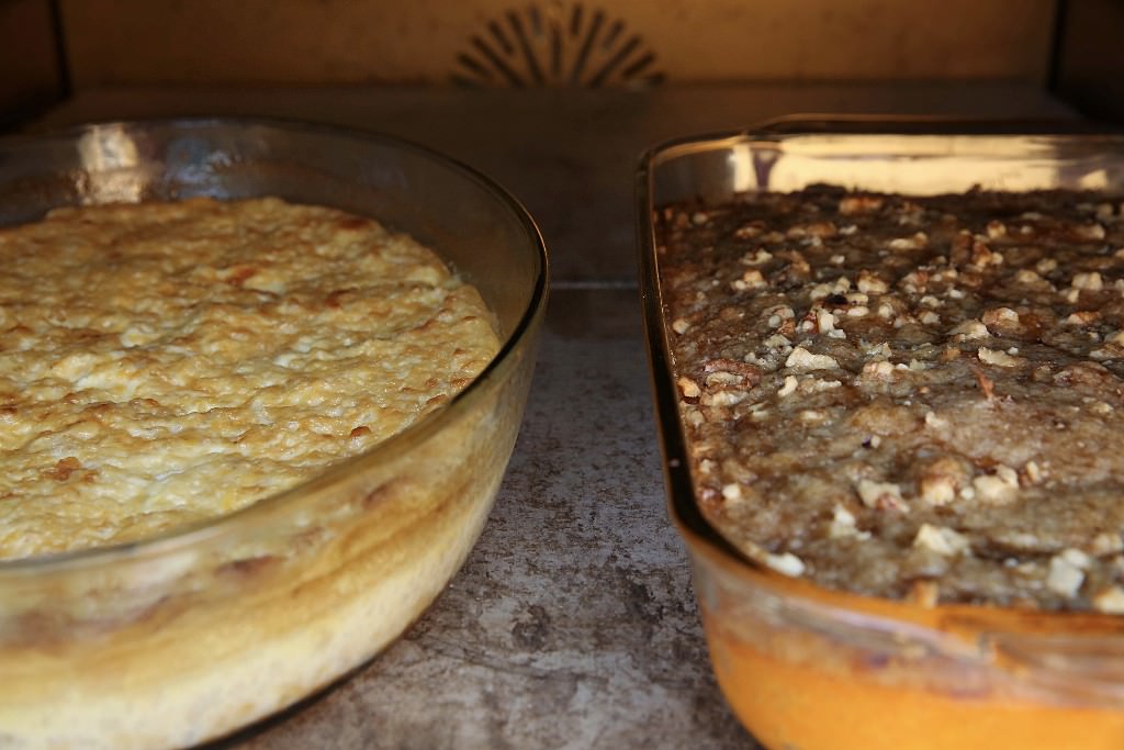 Baked corn pudding and sweet potato casserole in the Fontana wood-burning oven 