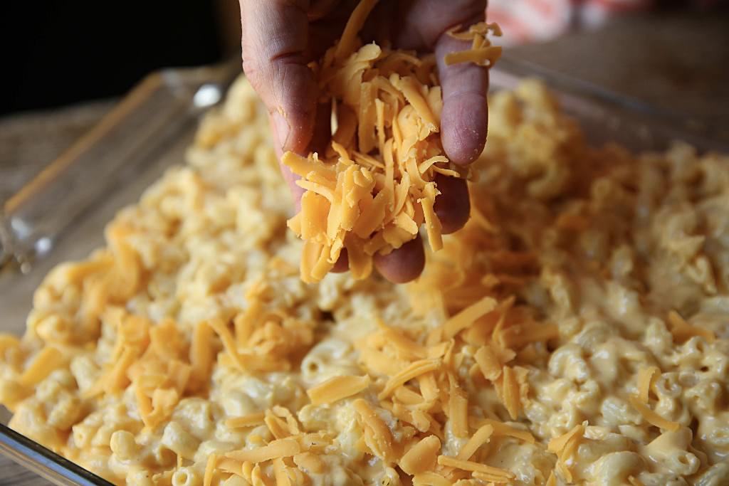 Extra cheddar cheese on top of the pasta mixture to be placed in the Fontana pizza oven