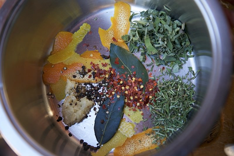 Spices placed in brine for turkey to be baked in Fontana wood-burning oven 