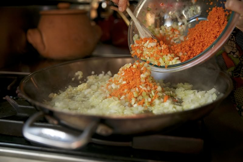 Celery and carrots sautéed for for turkey to be baked in Fontana brick oven 