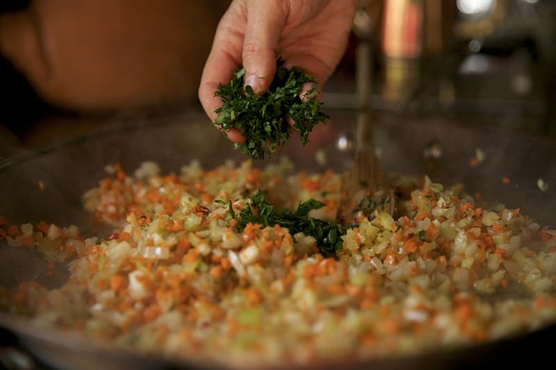 Celery and carrots sautéed for for turkey to be baked in Fontana brick oven 