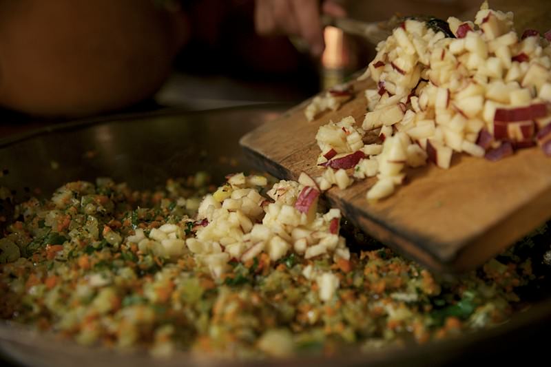 Apples sautéed for for turkey to be baked in Fontana brick oven 