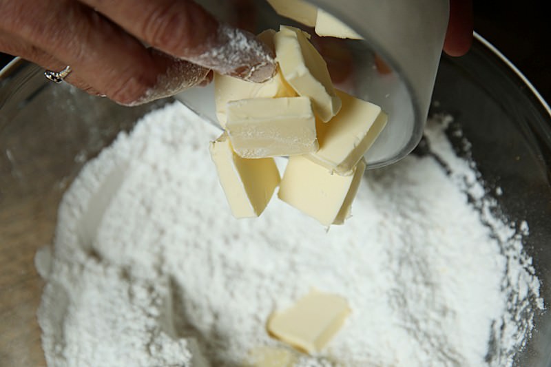 Lastly, add the cubed and chilled butter to the dry ingredients.